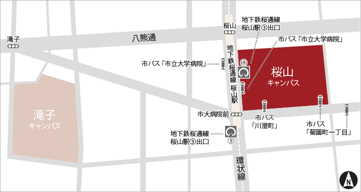 桜山（川澄）キャンパス：医学部・大学院医学研究科・附属病院 / 看護学部・大学院看護学研究科 / 事務局本部